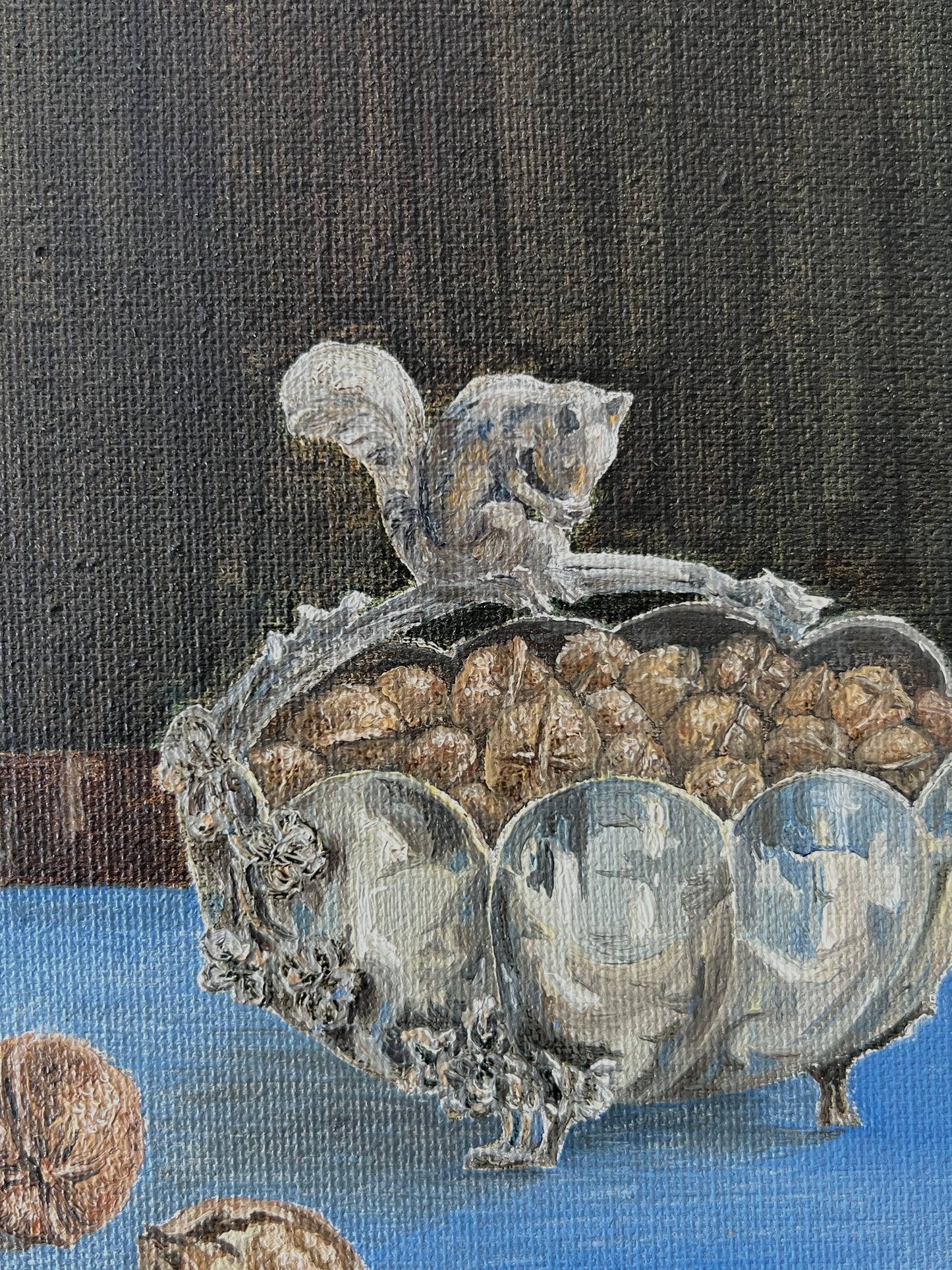 Vintage Silver Squirrel and Walnuts Still Life Oil Painting in Gold Frame