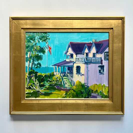 Vintage Colorful Lavender Beach House Portrait Oil Painting in Gold Frame