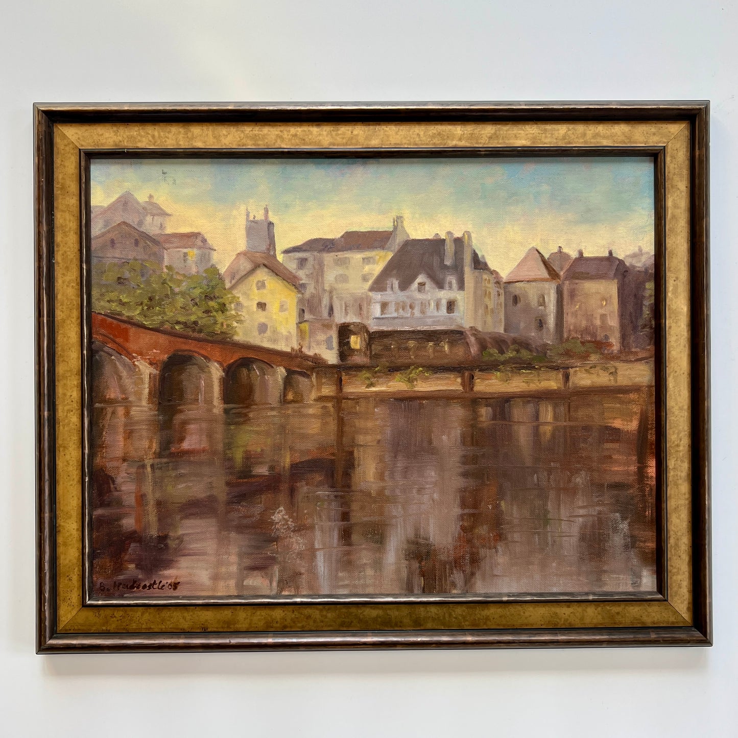 Impressionist European Riverside Cityscape Oil Painting on Board in Dark Gold Frame