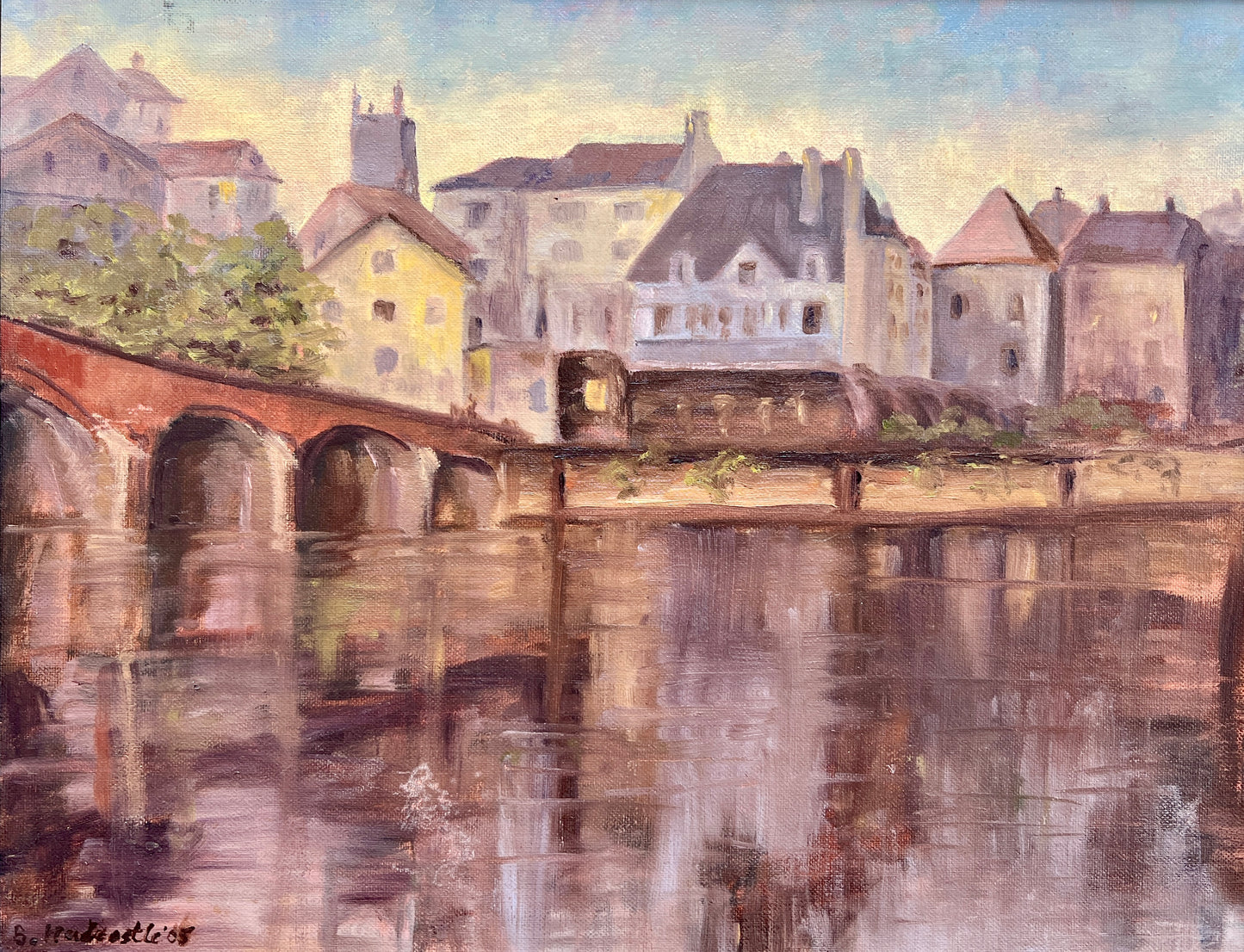 Impressionist European Riverside Cityscape Oil Painting on Board in Dark Gold Frame