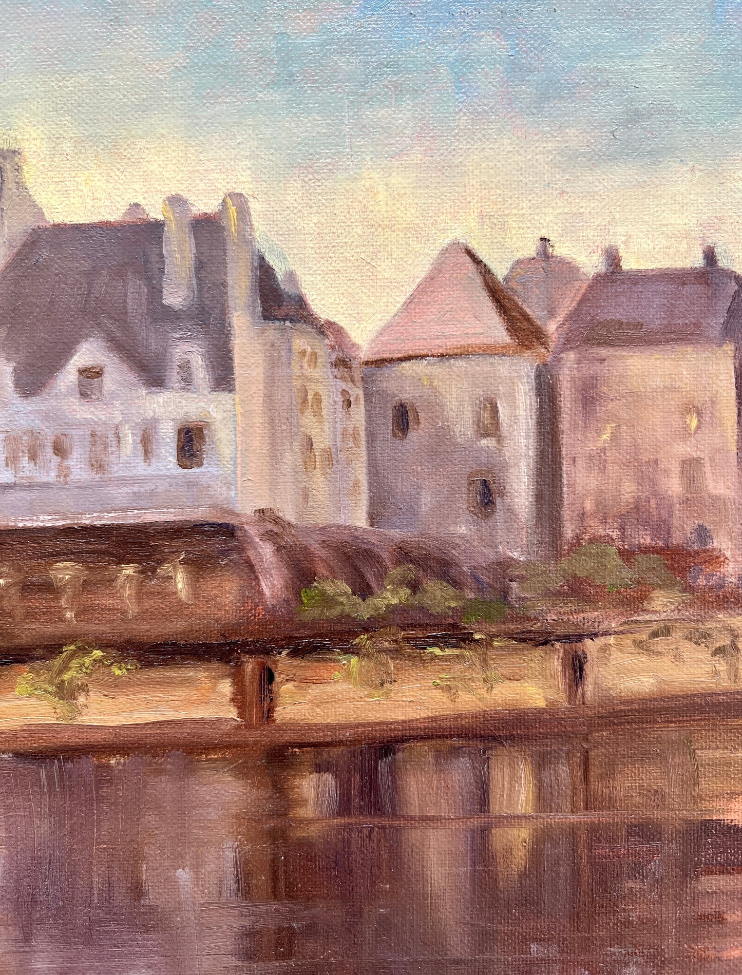 Impressionist European Riverside Cityscape Oil Painting on Board in Dark Gold Frame