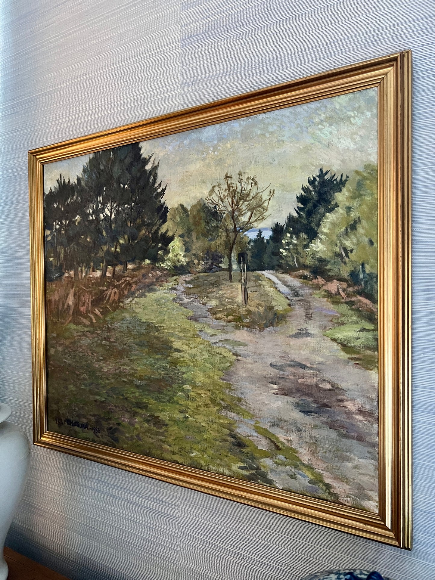 Vintage Impressionist Woods Landscape Oil Painting in Gold Frame