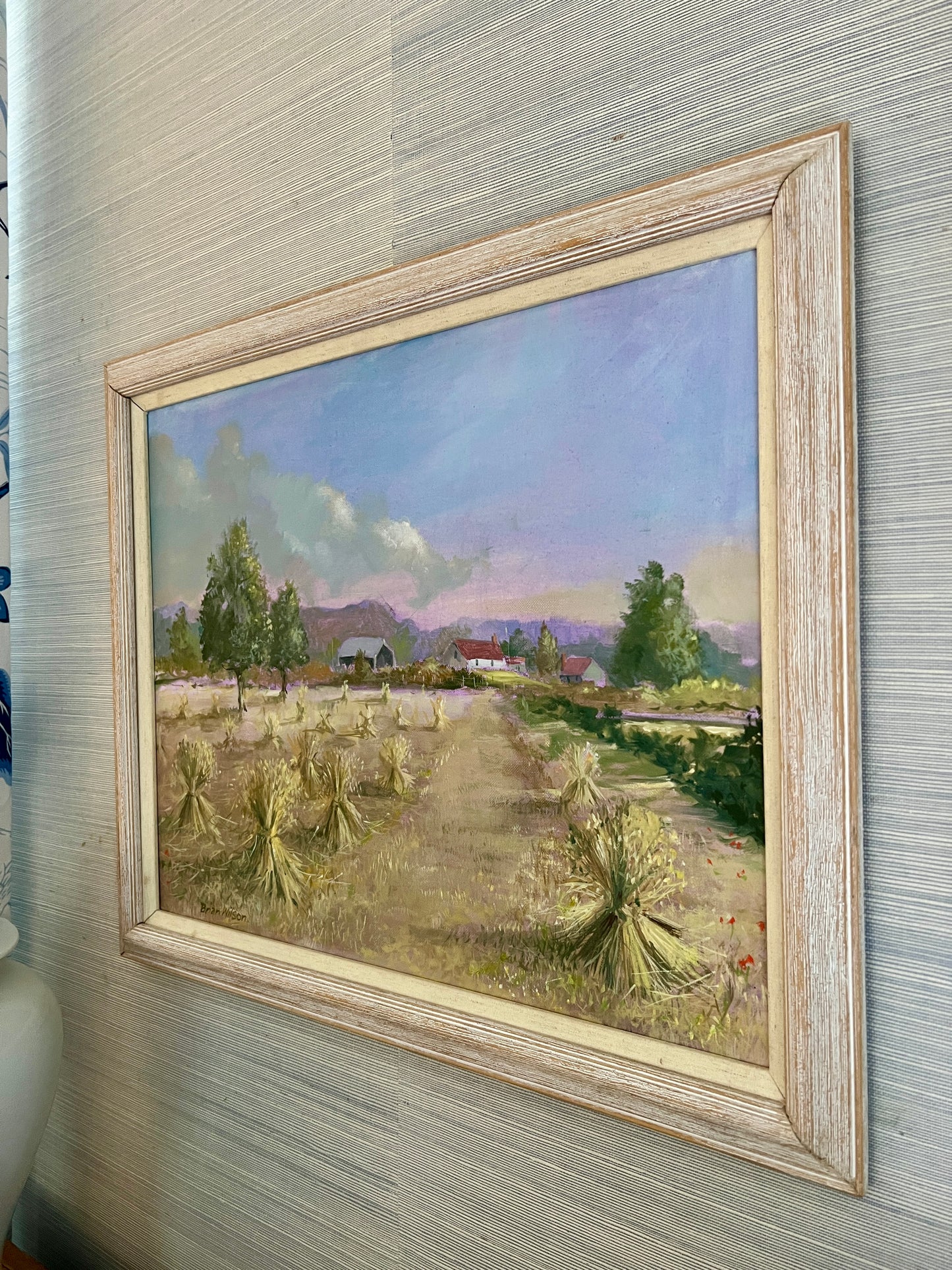 Golden Hour on the Farm Landscape Oil Painting in White Washed Wood Frame