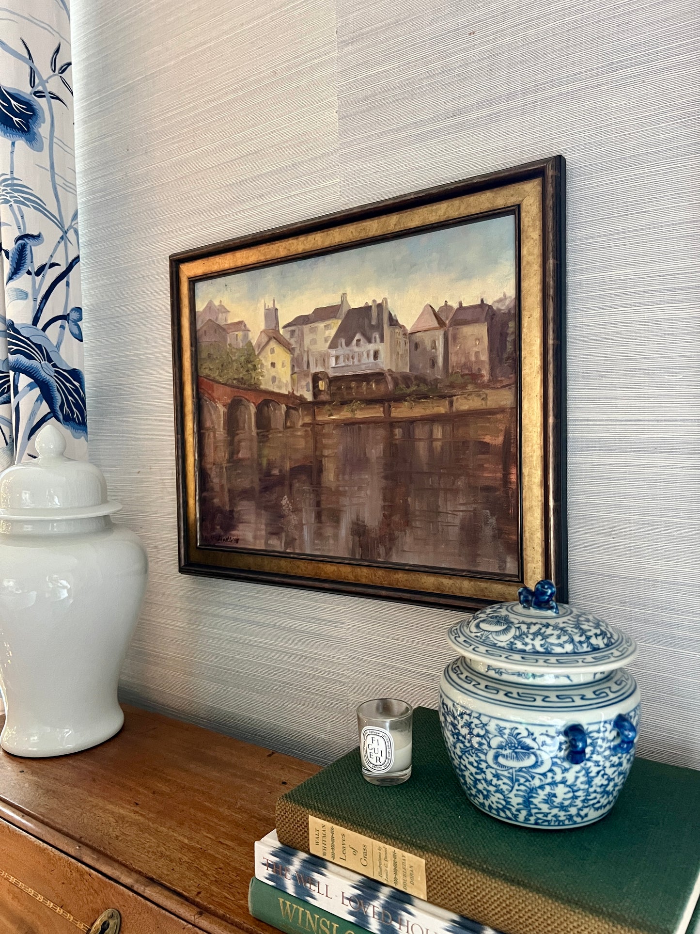 Impressionist European Riverside Cityscape Oil Painting on Board in Dark Gold Frame