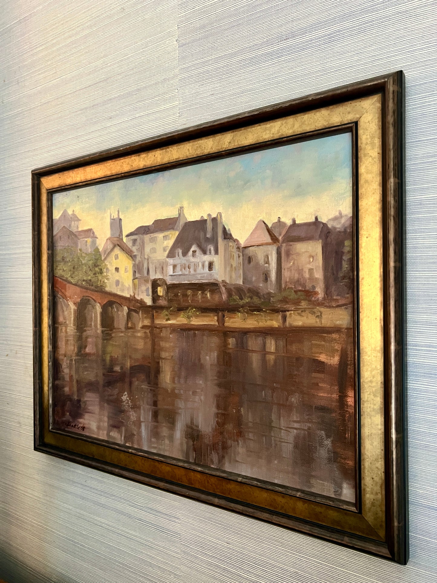 Impressionist European Riverside Cityscape Oil Painting on Board in Dark Gold Frame