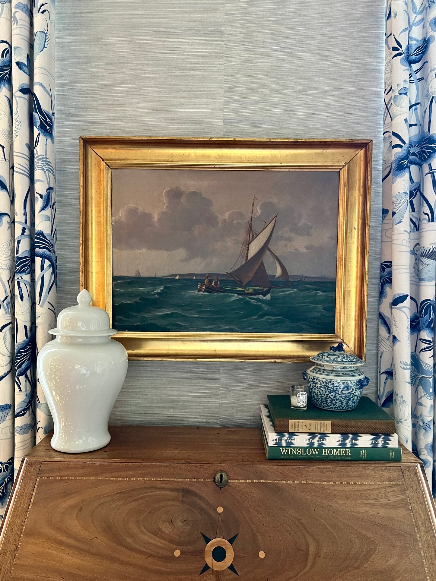 1922 Pair of Sailors at Sea Oil Painting in Original Gold Frame