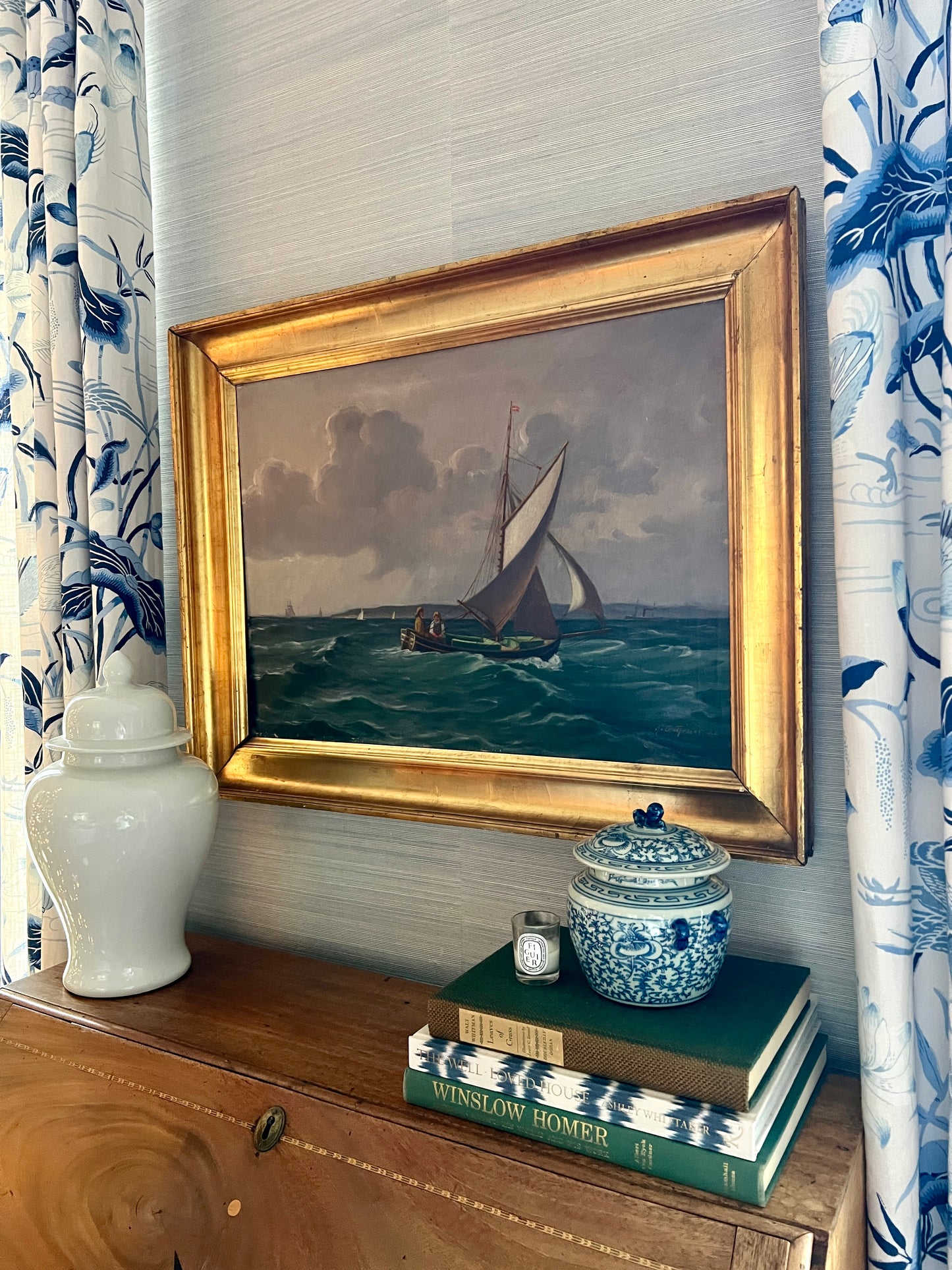 1922 Pair of Sailors at Sea Oil Painting in Original Gold Frame