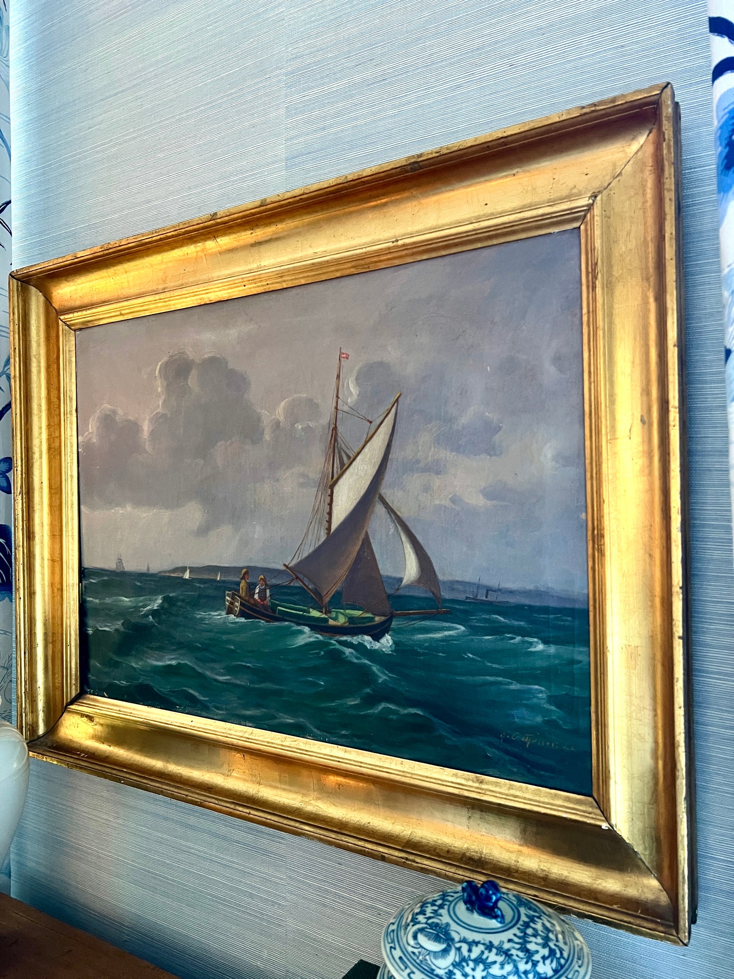 1922 Pair of Sailors at Sea Oil Painting in Original Gold Frame