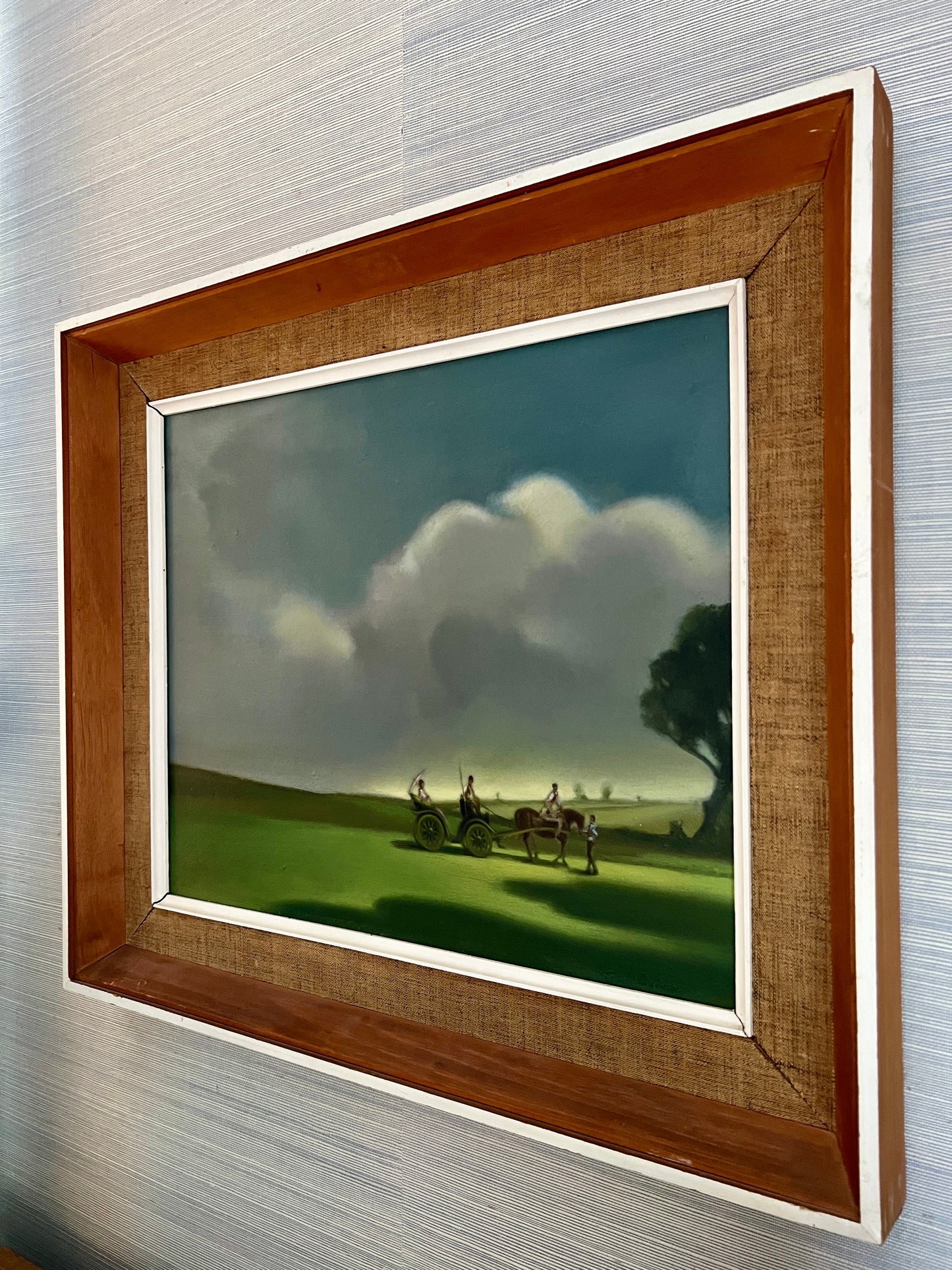 Vintage Horse and Carriage in Hilly Landscape Oil Painting in Wood Frame