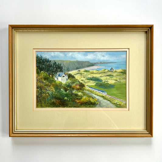 Vintage Welsh Oceanside Green Landscape with Train in Wood and Gold Frame