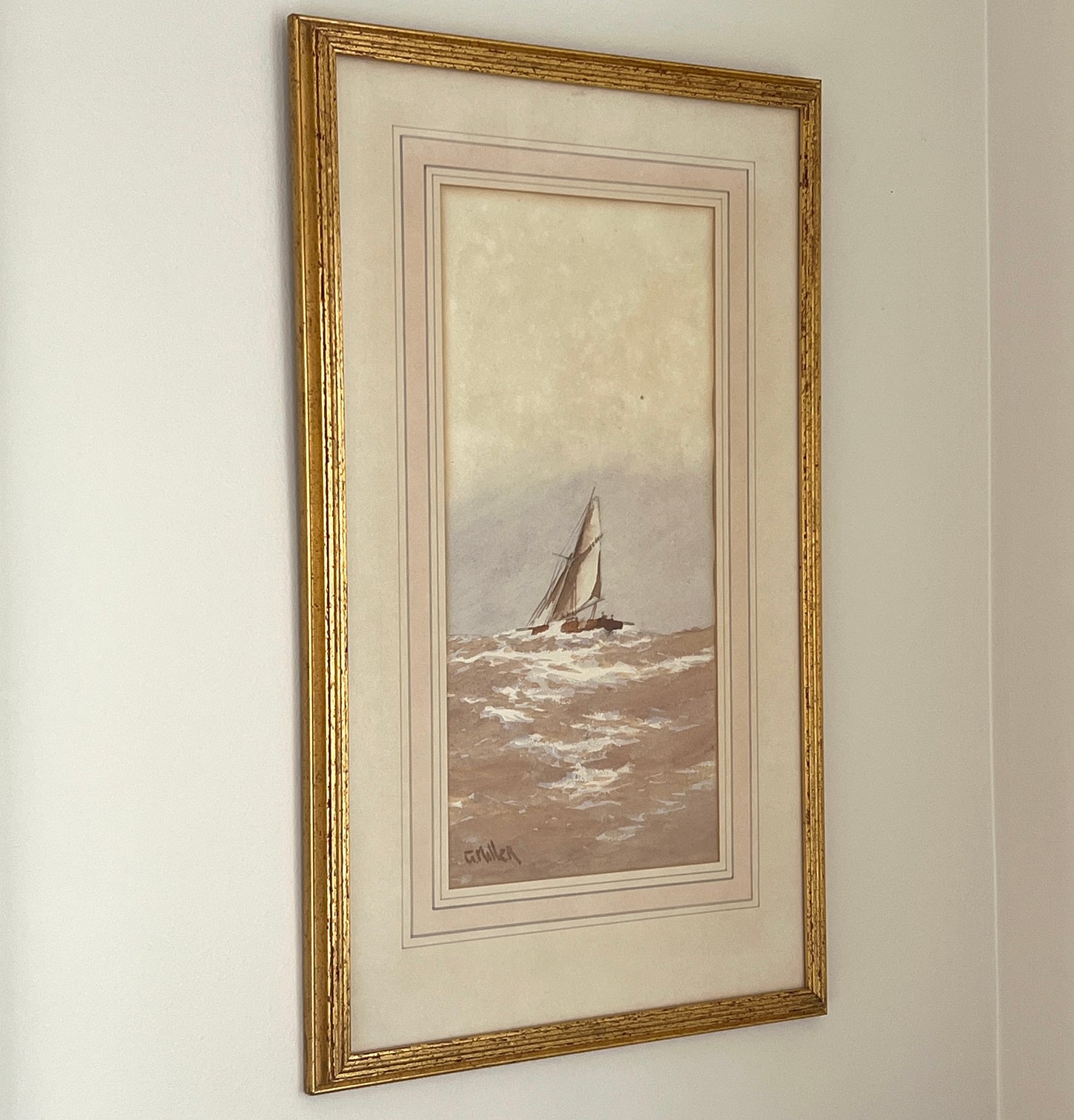 Early 20th Century Watercolor Sailboat Portrait Seascape in Gold Frame