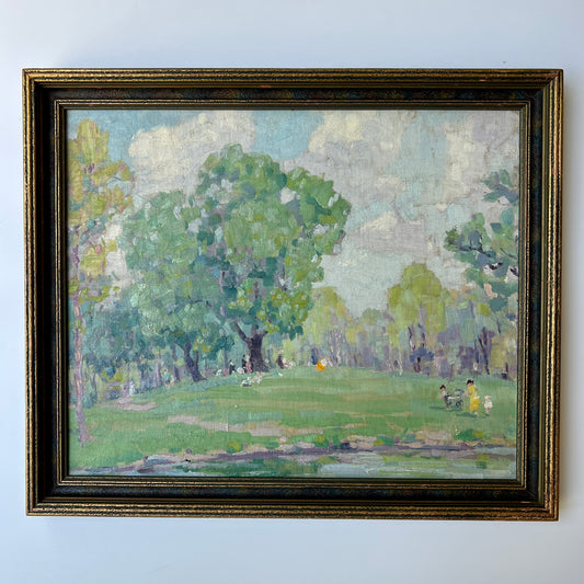 Antique Early 20th c. American Impressionist Sunday at Central Park Oil Painting in Original Frame