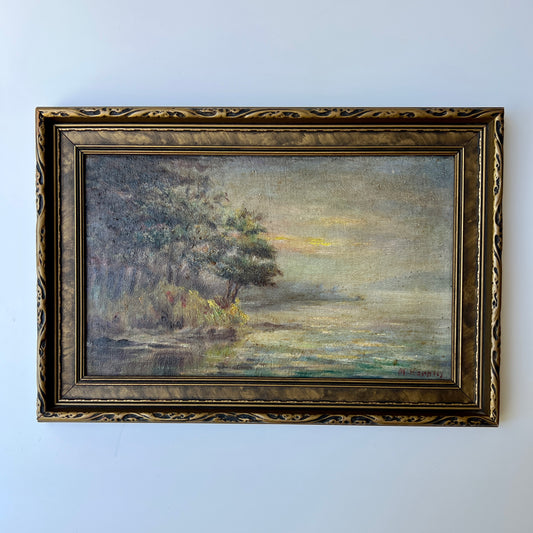 Antique Muskoka (Ontario) Lake Landscape Oil Painting in Gold Tortoise Carved Frame