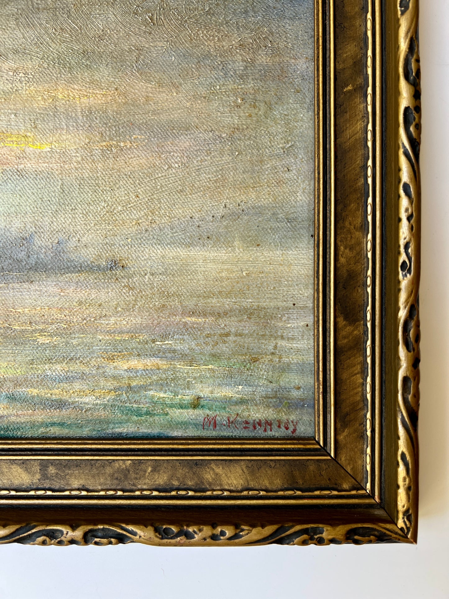 Antique Muskoka (Ontario) Lake Landscape Oil Painting in Gold Tortoise Carved Frame