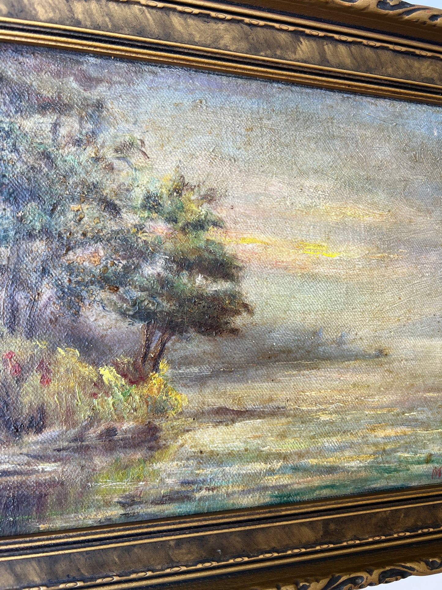 Antique Muskoka (Ontario) Lake Landscape Oil Painting in Gold Tortoise Carved Frame