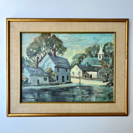 Vintage Pat McNaughton Impressionist New England or Toronto Main Street Painting in Gold Frame