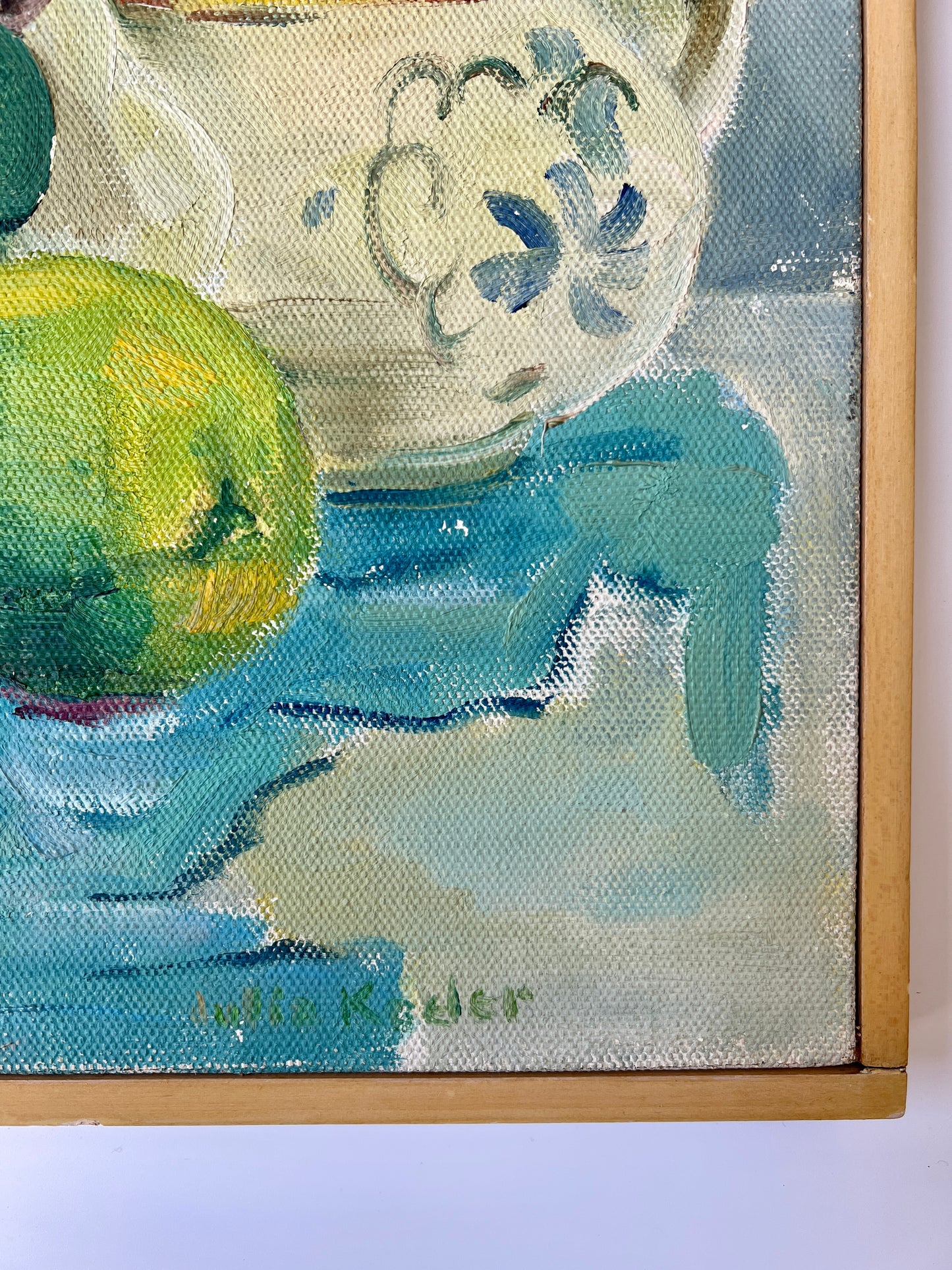 Mid Century Colorful Beach Morning Still Life Painting in Yellow Frame