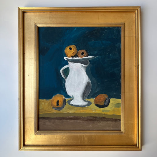 Vintage Modern Balancing Act Citrus Still Life on Navy Painting in Gold Frame