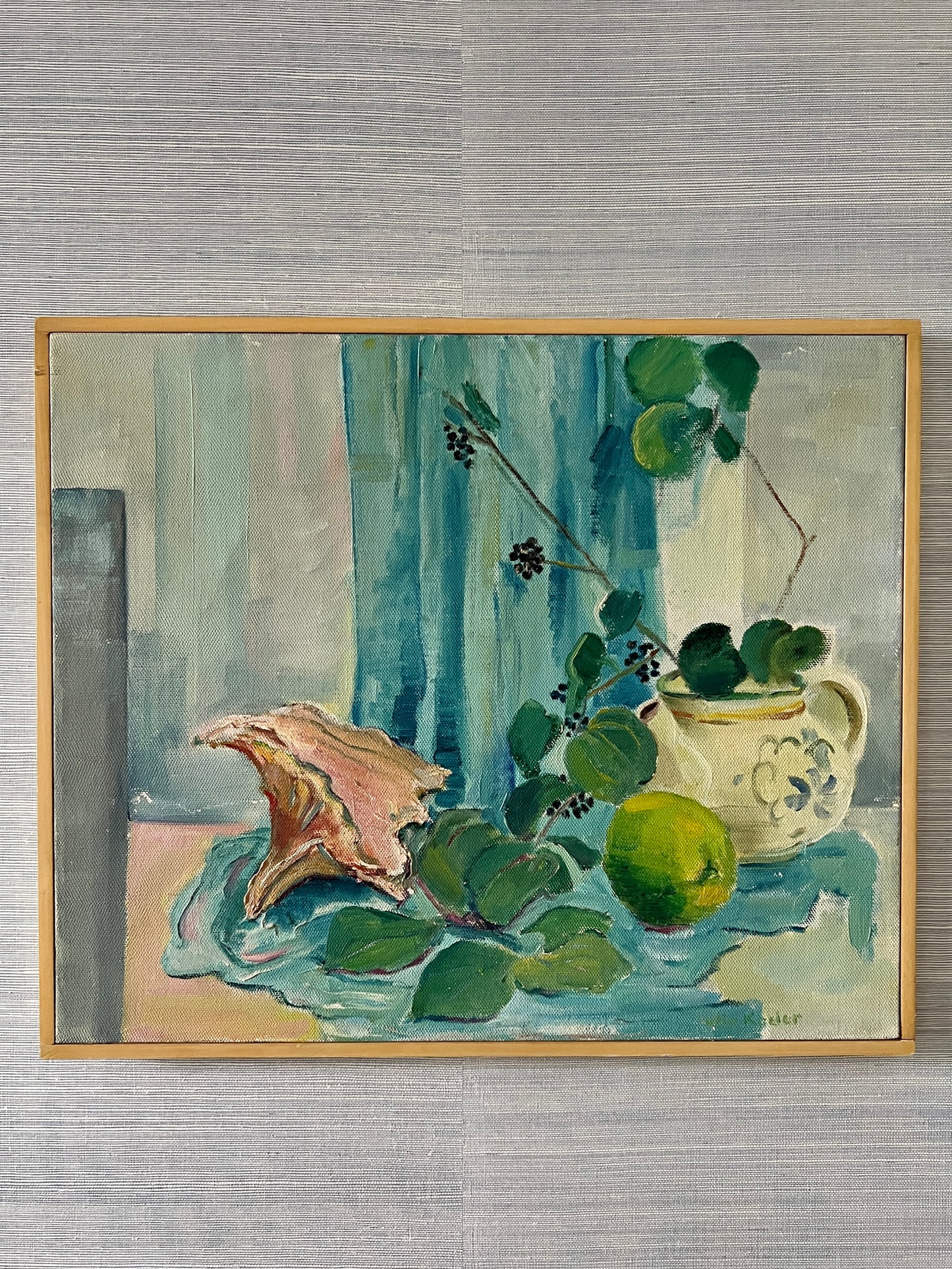 Mid Century Colorful Beach Morning Still Life Painting in Yellow Frame