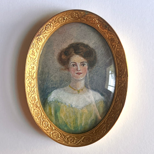 19th Century Miniature Pastel Portrait of Young Woman in Oval Gold Frame