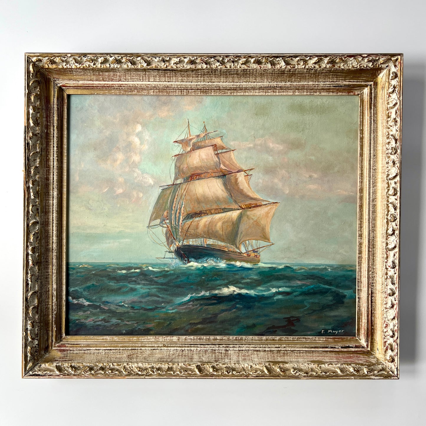 Vintage Clipper Ship Portrait Oil Painting in Ornate Gilded Wood Frame