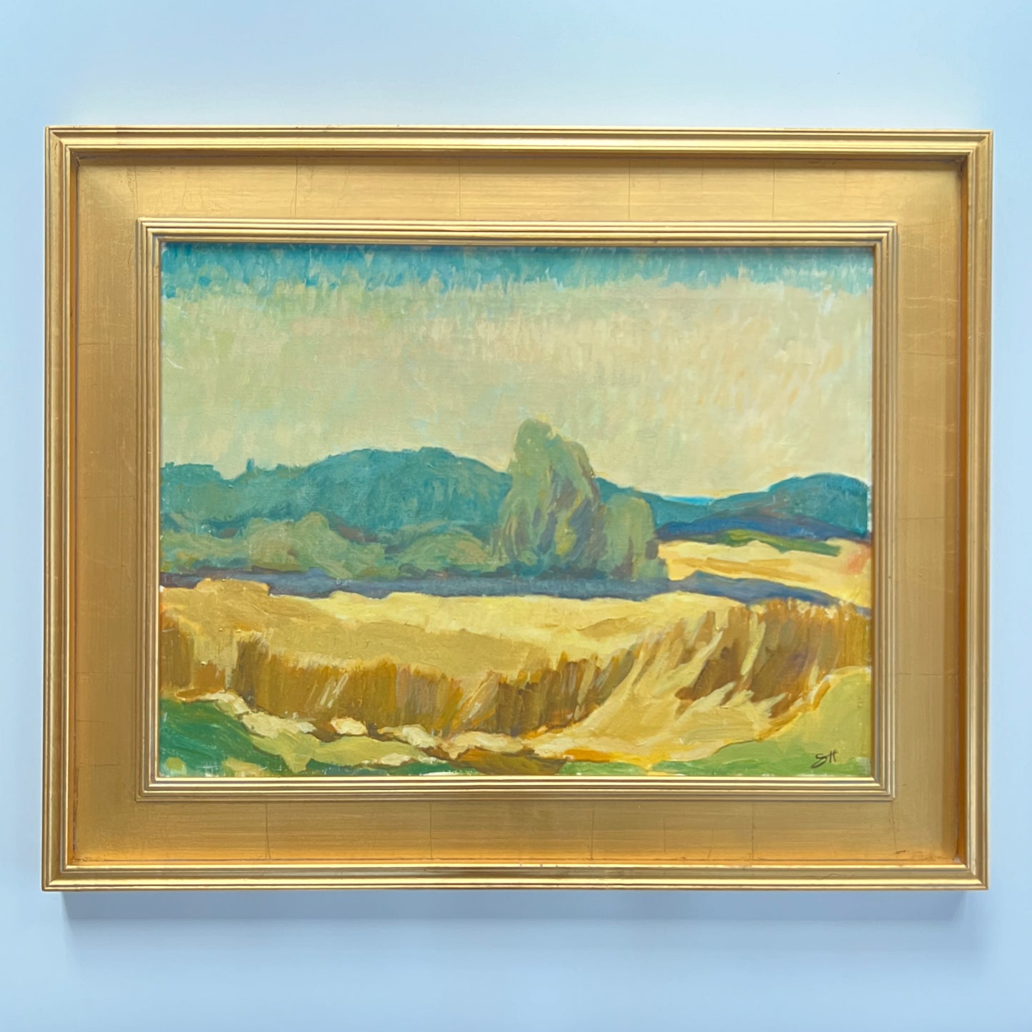 Impressionist Hay Field Landscape Oil Painting in Gold Frame