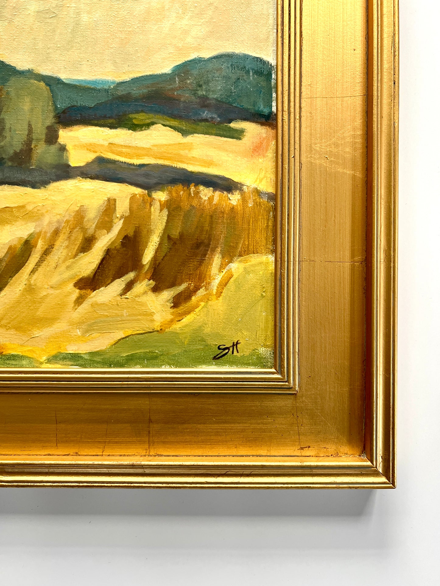 Impressionist Hay Field Landscape Oil Painting in Gold Frame