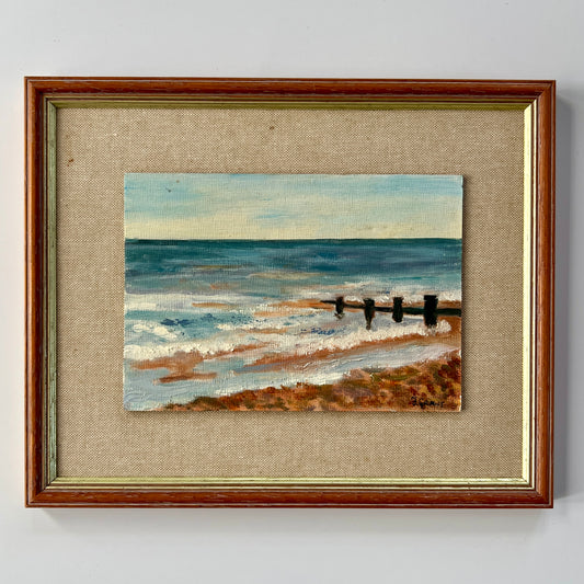 Vintage Coastal Scene Oil Painting in Wood Frame