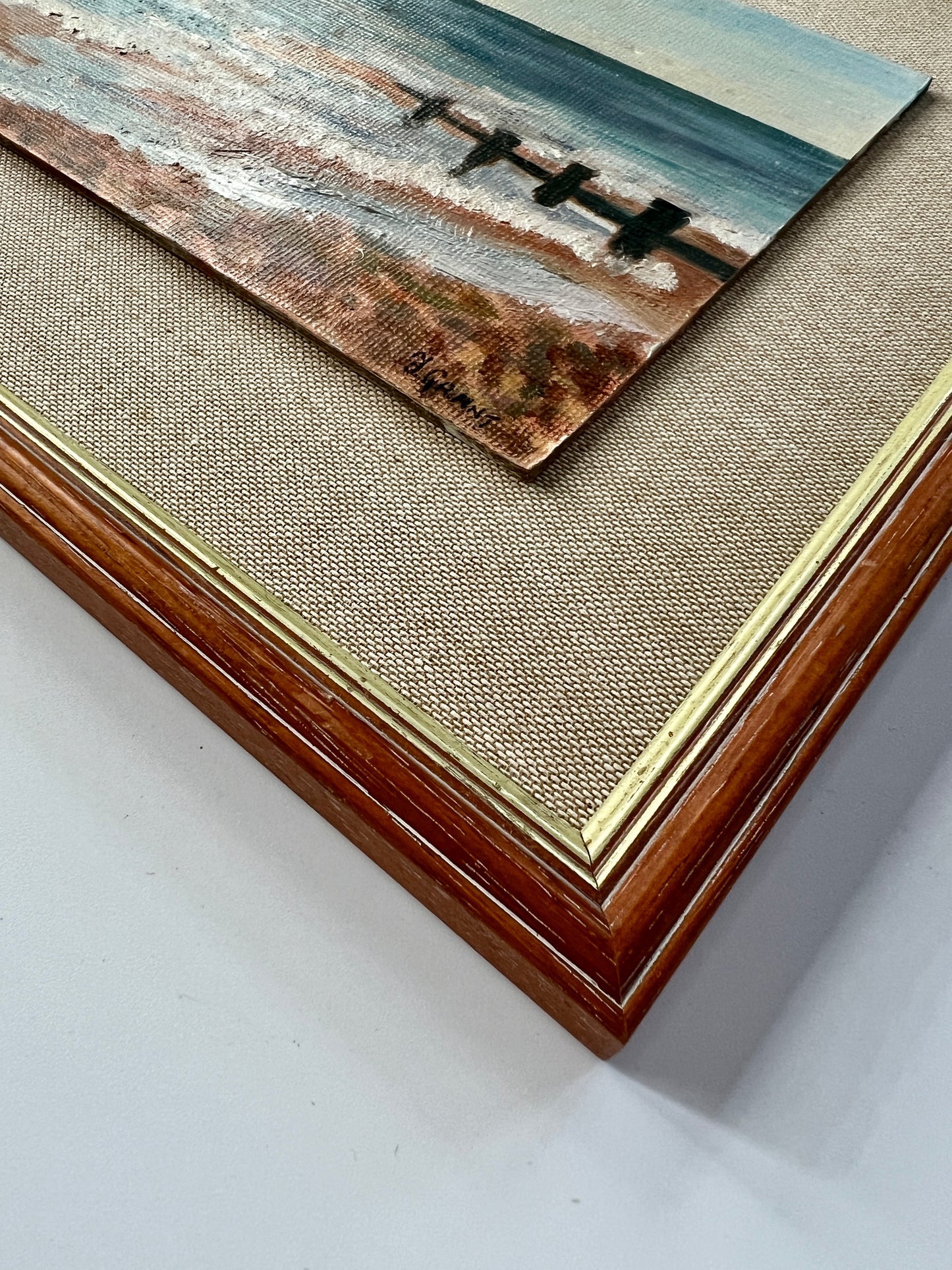 Vintage Coastal Scene Oil Painting in Wood Frame