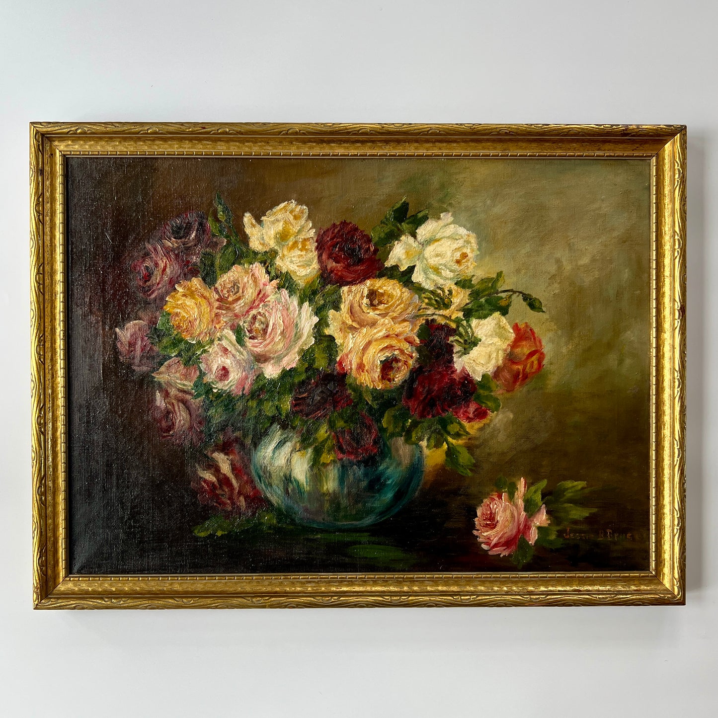 Vintage Roses in Blue Vase Floral Still Life Oil Painting on Canvas in Gold Frame