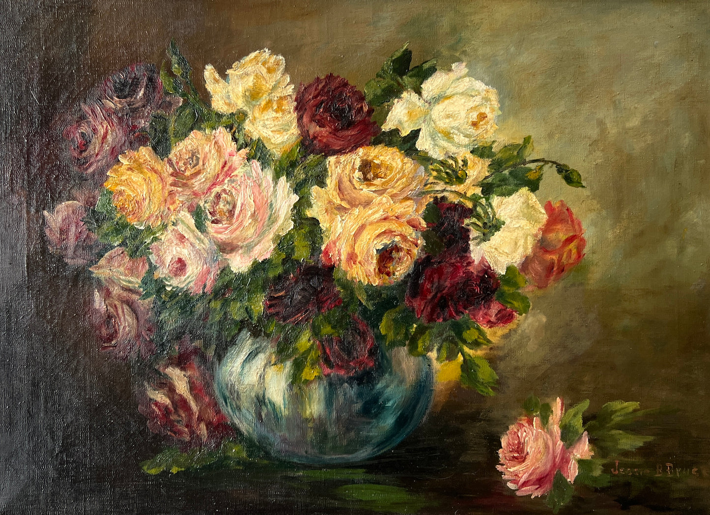 Vintage Roses in Blue Vase Floral Still Life Oil Painting on Canvas in Gold Frame