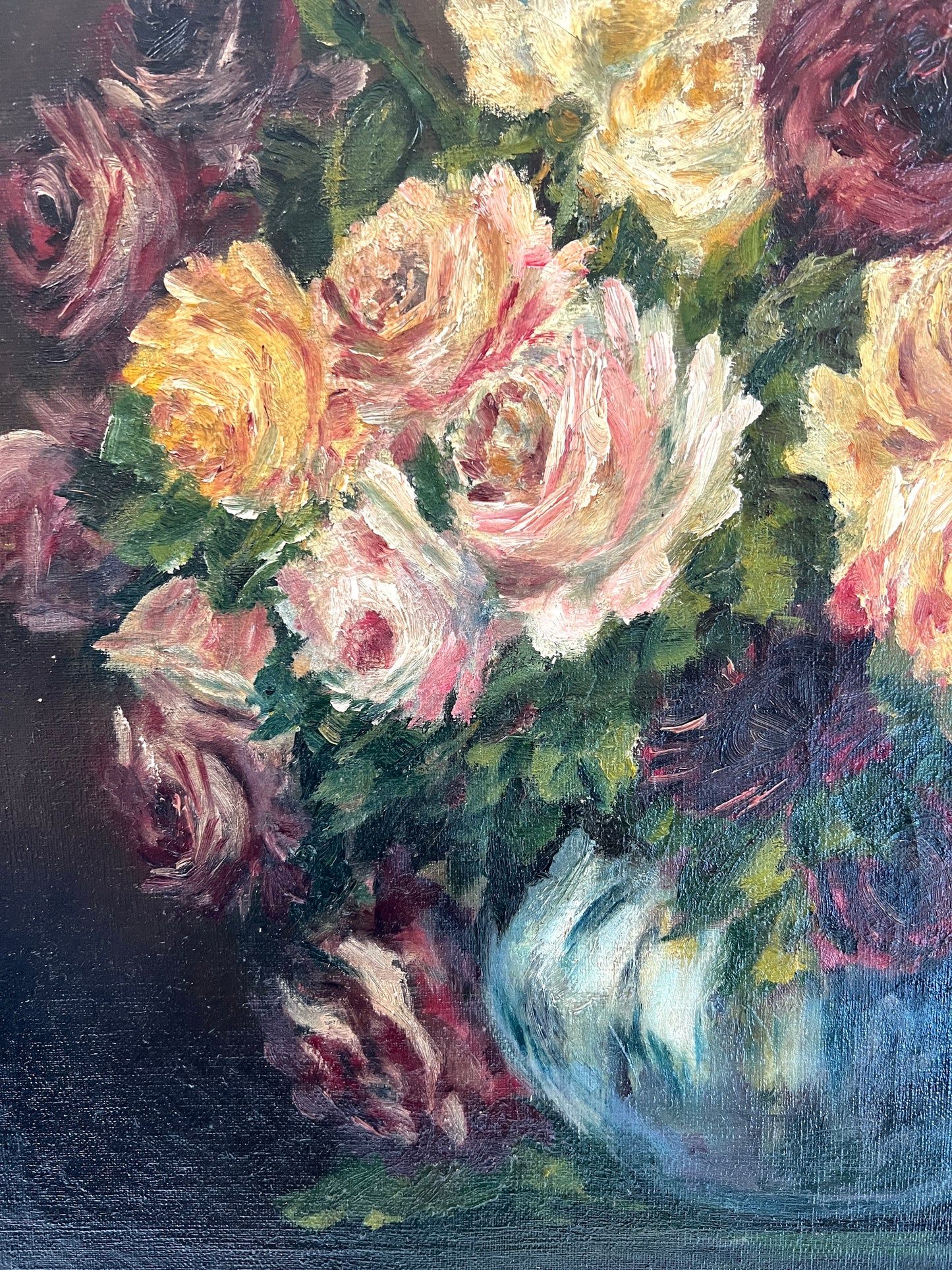 Vintage Roses in Blue Vase Floral Still Life Oil Painting on Canvas in Gold Frame