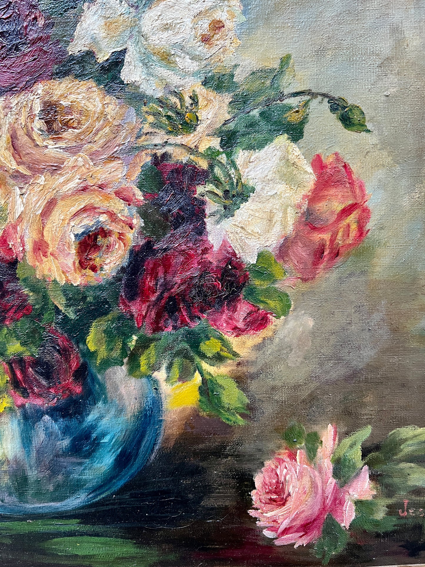 Vintage Roses in Blue Vase Floral Still Life Oil Painting on Canvas in Gold Frame