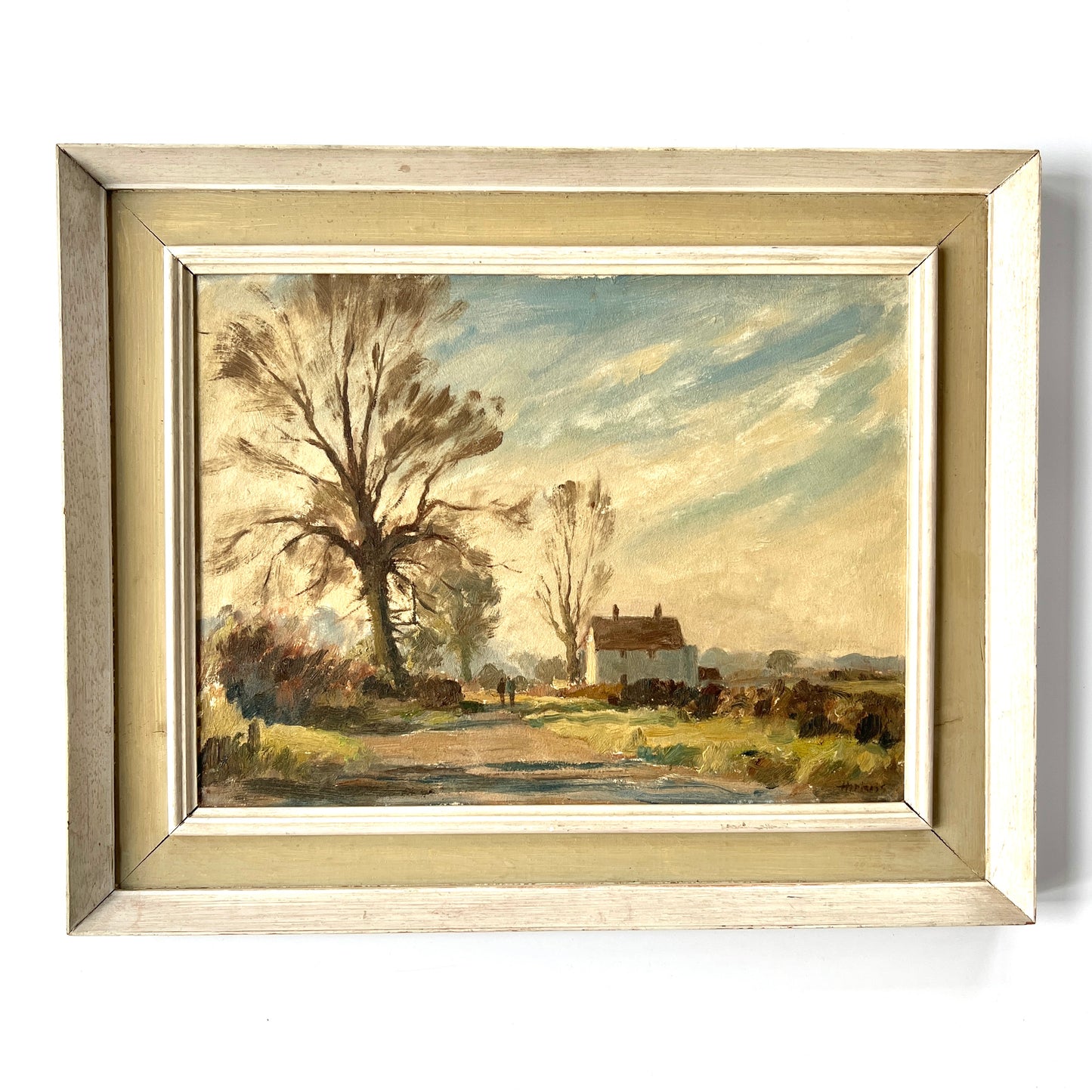 Vintage Walk in the Countryside Landscape Oil Painting in Wood Frame