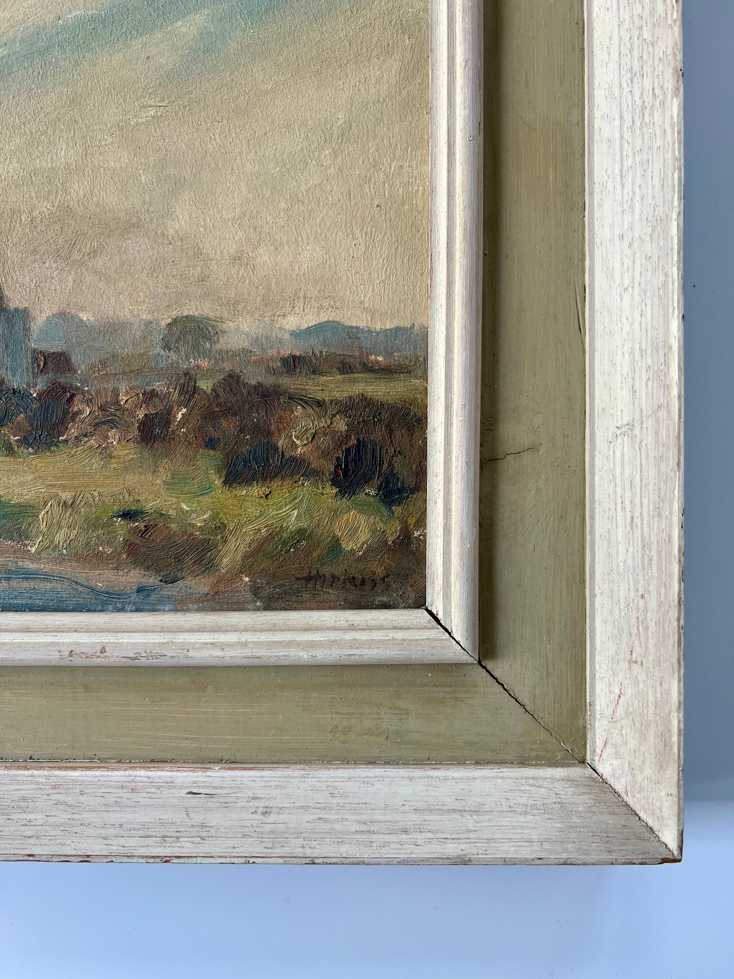 Vintage Walk in the Countryside Landscape Oil Painting in Wood Frame