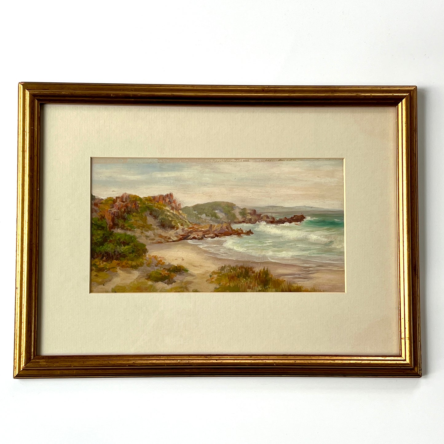 Vintage Western Cape Coastal Seascape Oil Painting in Gold Frame