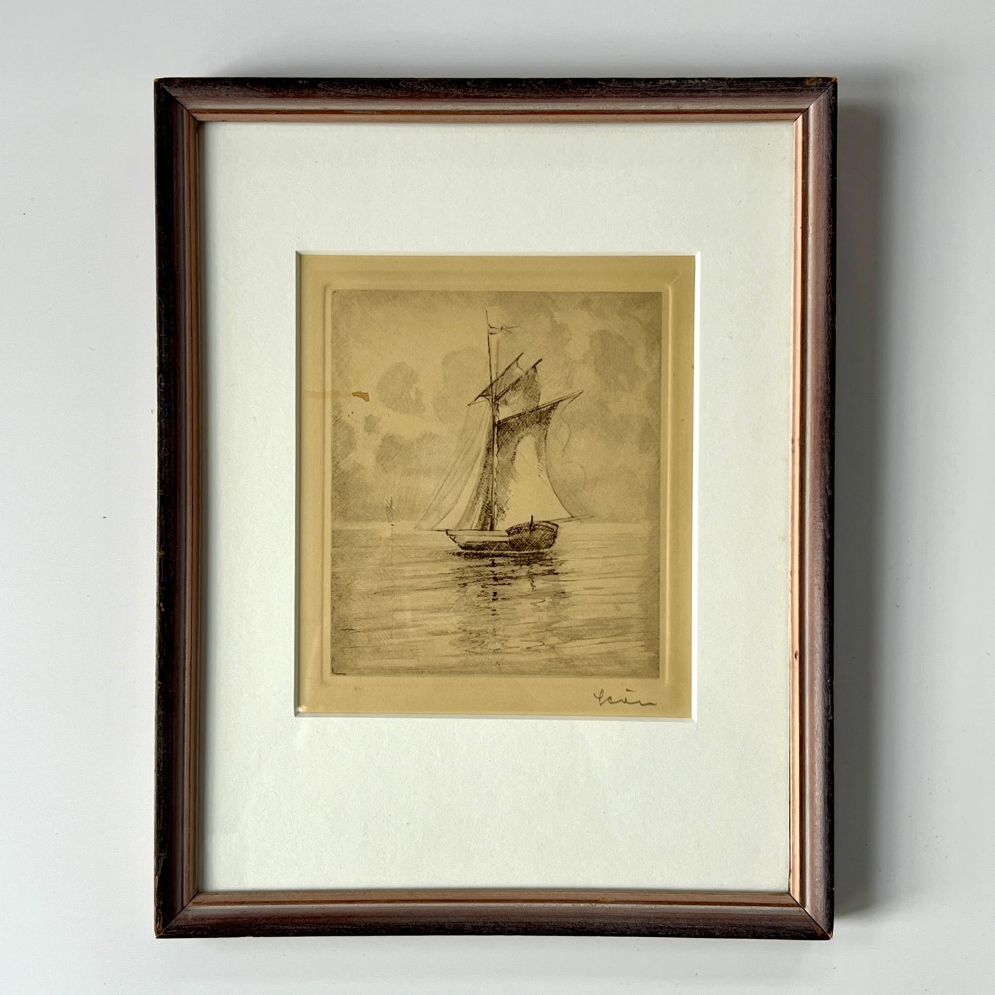 Willy Seiler Signed Sailboat Portrait Etching in Wood Frame