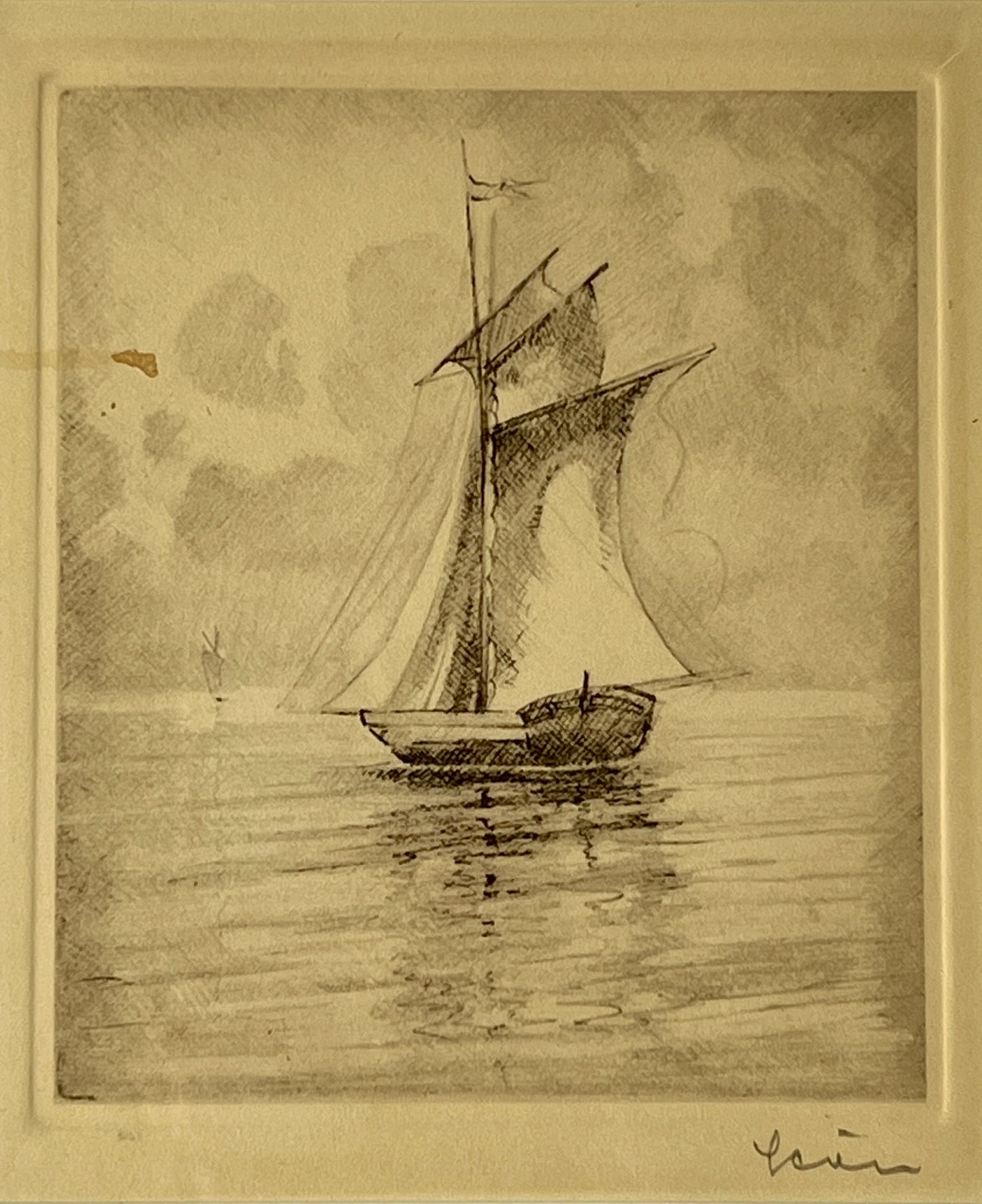 Willy Seiler Signed Sailboat Portrait Etching in Wood Frame