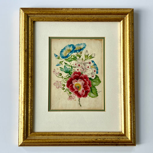 19th Century Intricate Floral Watercolor Painting in Gold Frame