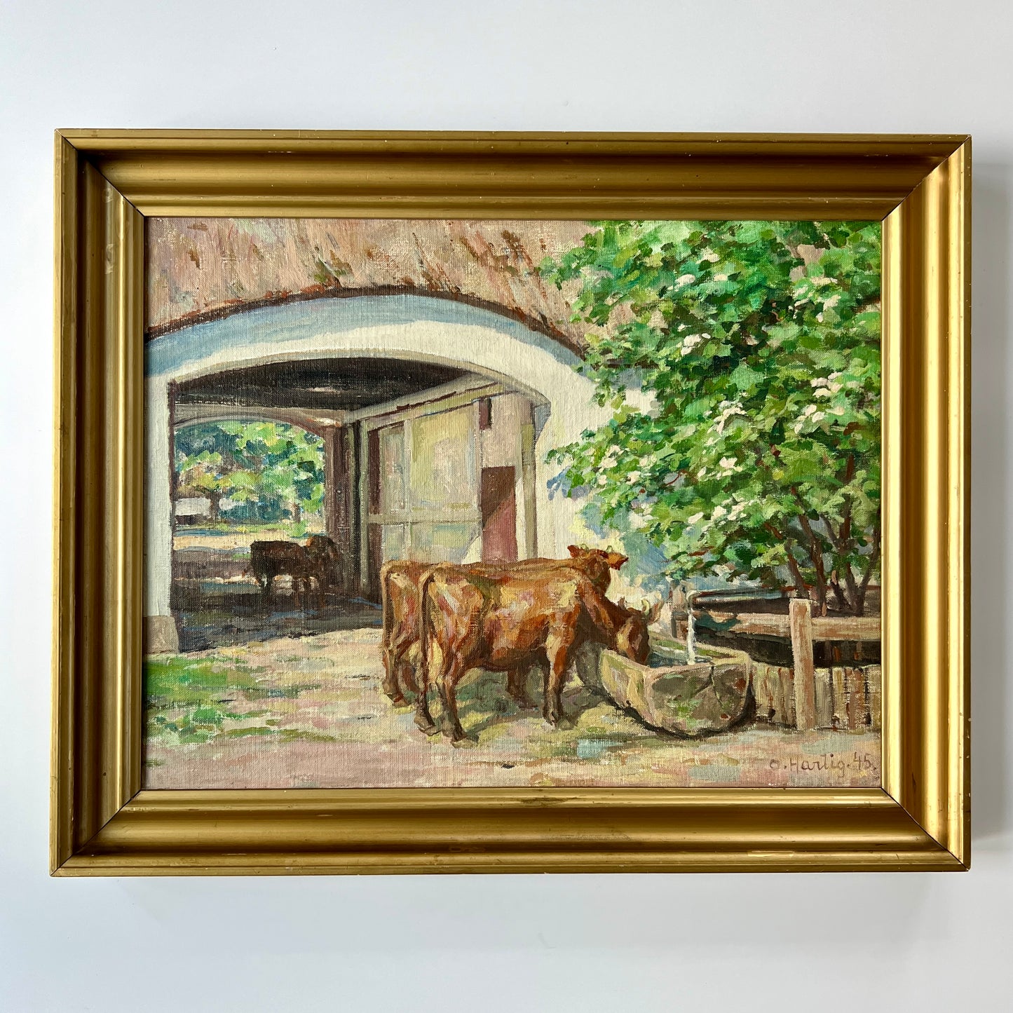 1945 Osvald Antonius Hartig Cows at Stone Barn Oil Painting in Gold Frame