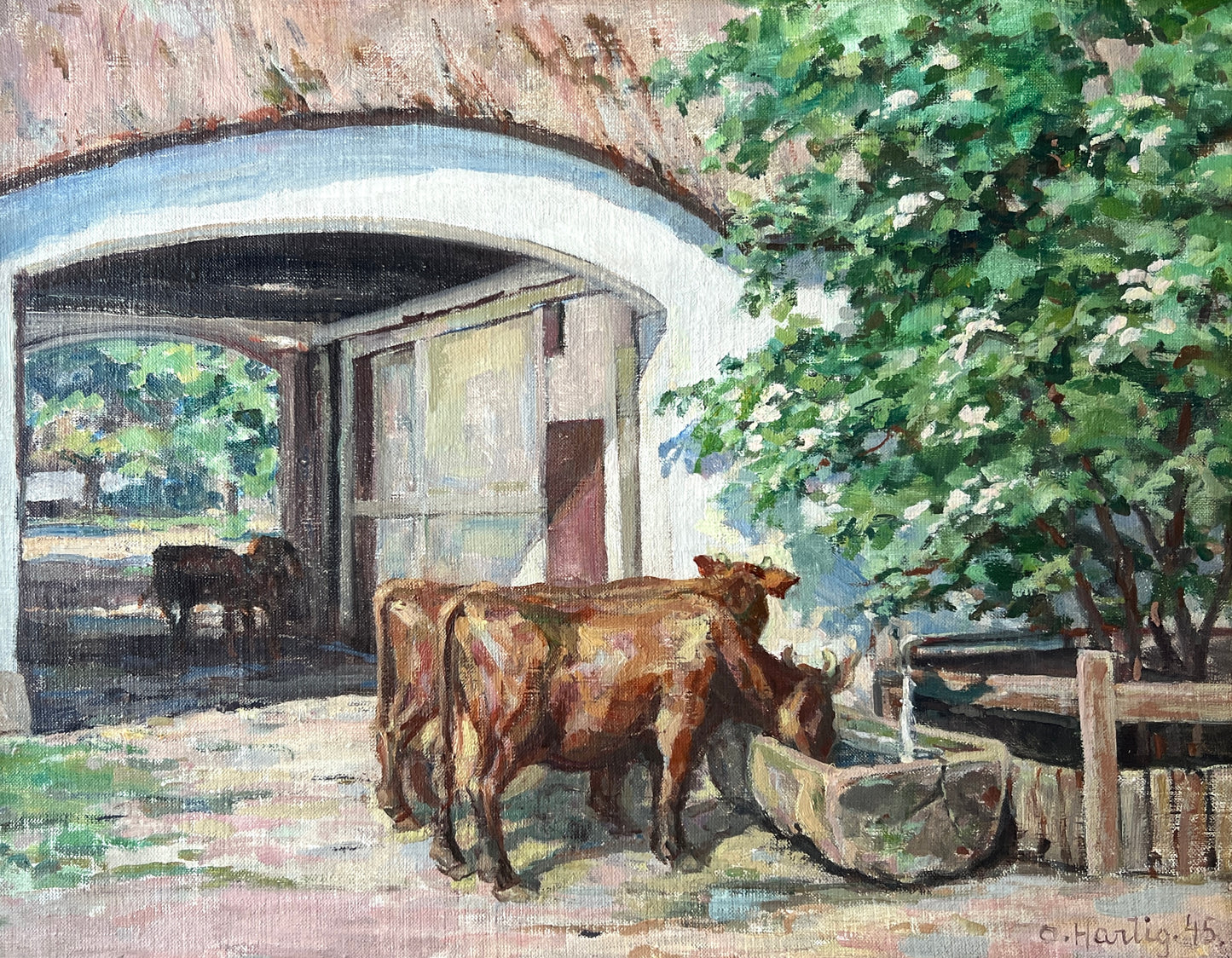 1945 Osvald Antonius Hartig Cows at Stone Barn Oil Painting in Gold Frame