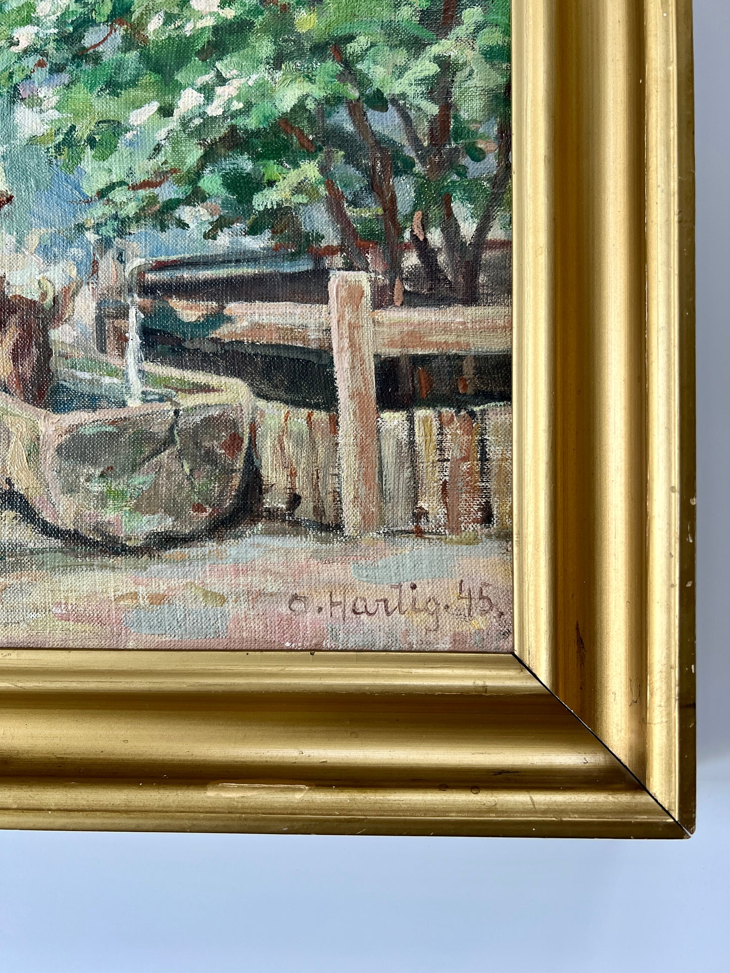 1945 Osvald Antonius Hartig Cows at Stone Barn Oil Painting in Gold Frame