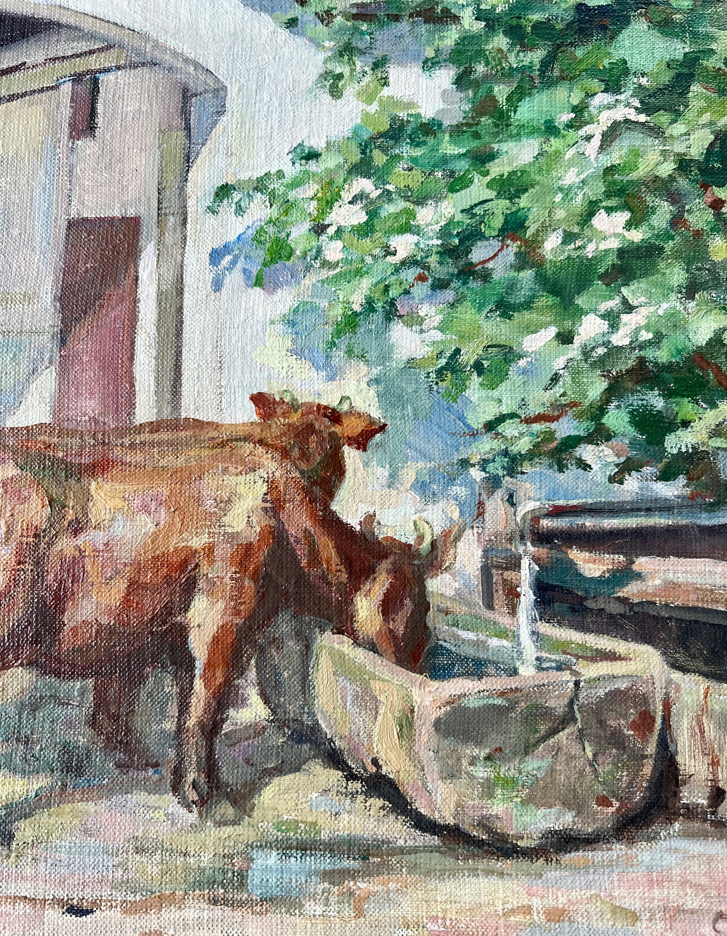 1945 Osvald Antonius Hartig Cows at Stone Barn Oil Painting in Gold Frame