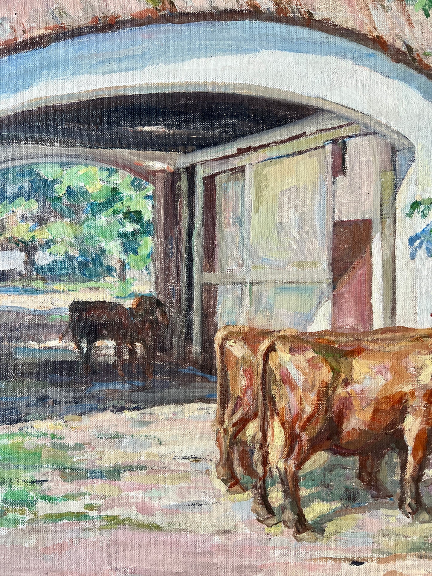 1945 Osvald Antonius Hartig Cows at Stone Barn Oil Painting in Gold Frame