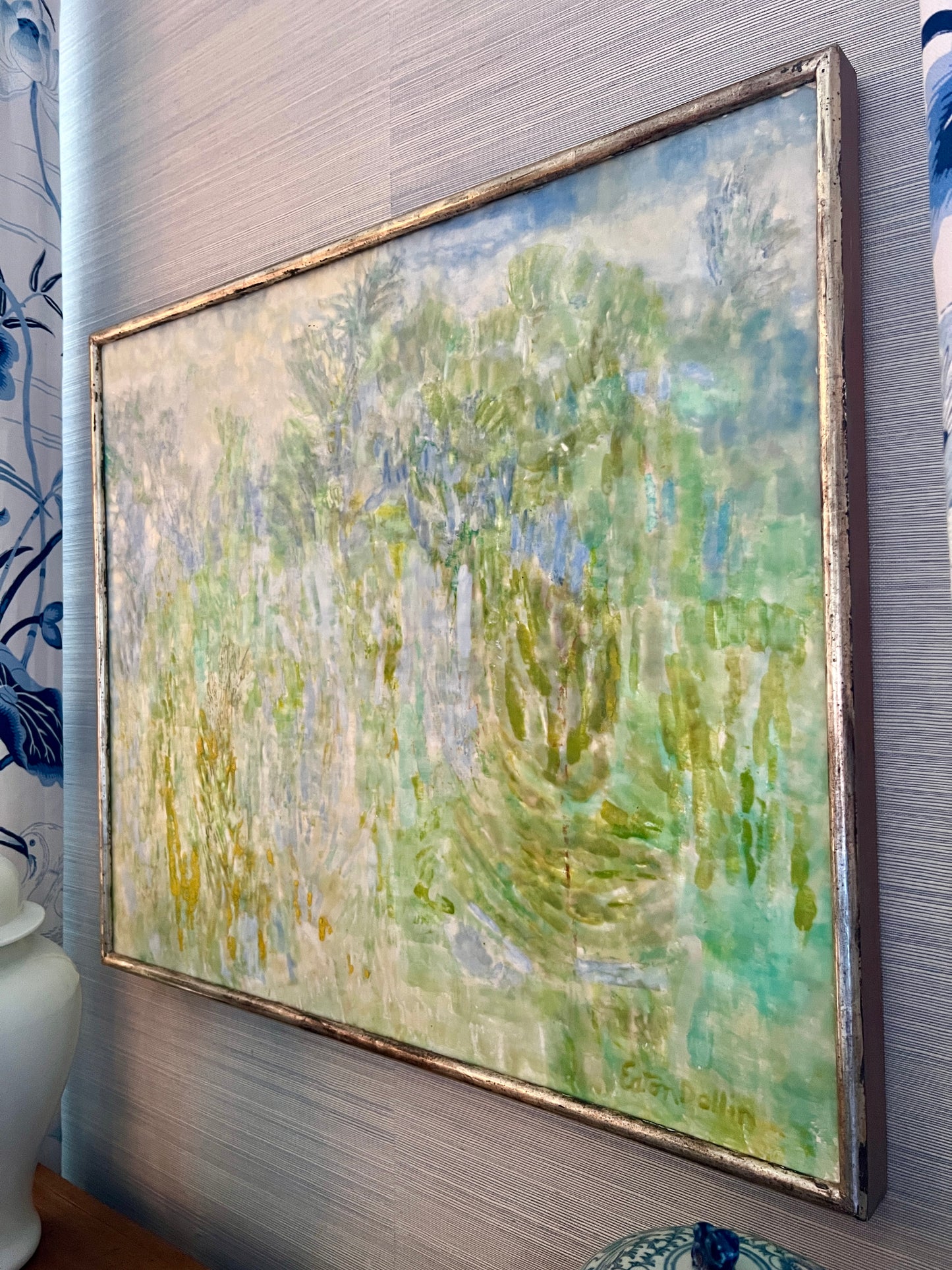 Lois Eaton Dollin June Field Encaustic Abstract Landscape Painting in Silver Gilt Frame