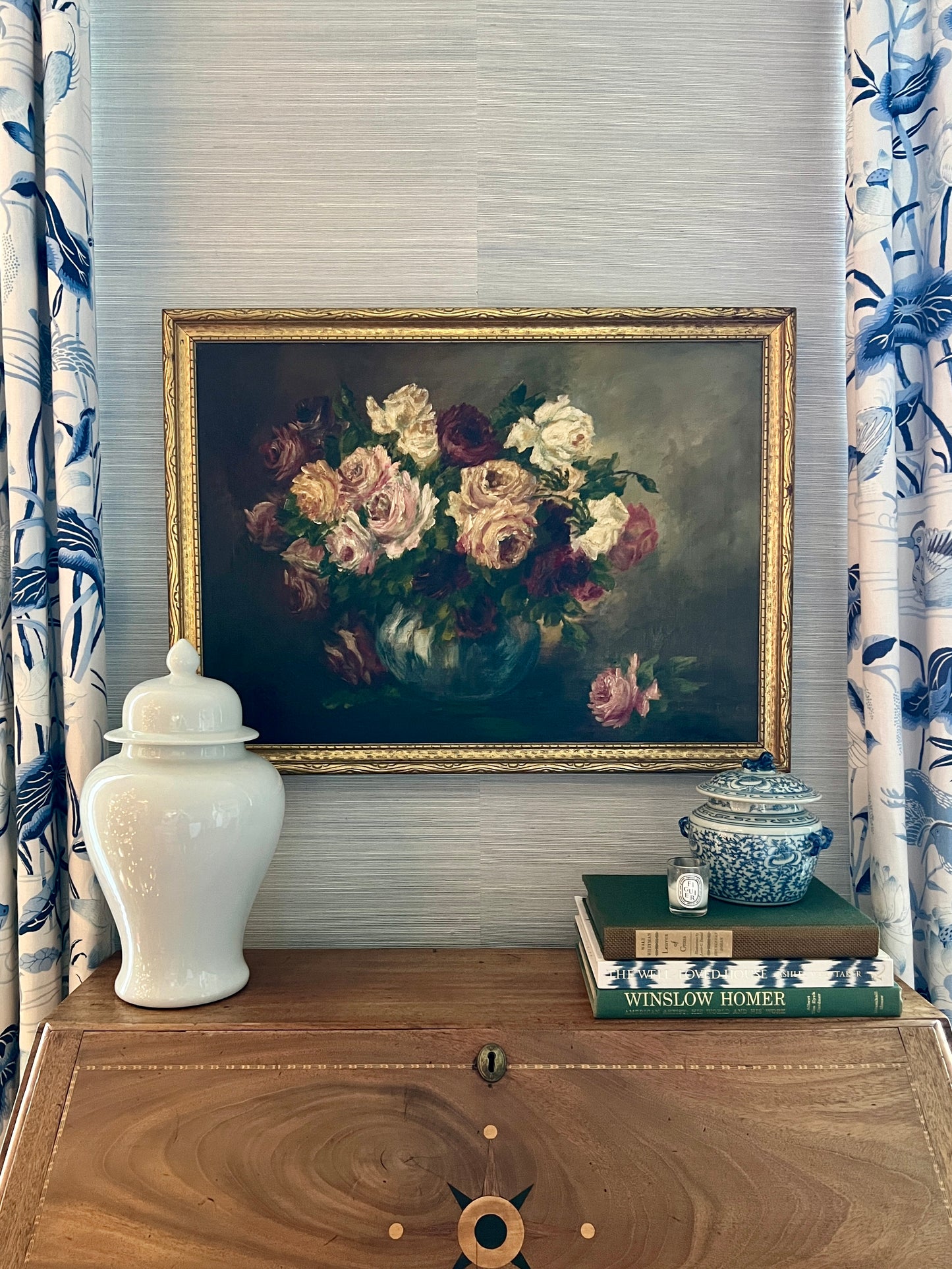 Vintage Roses in Blue Vase Floral Still Life Oil Painting on Canvas in Gold Frame