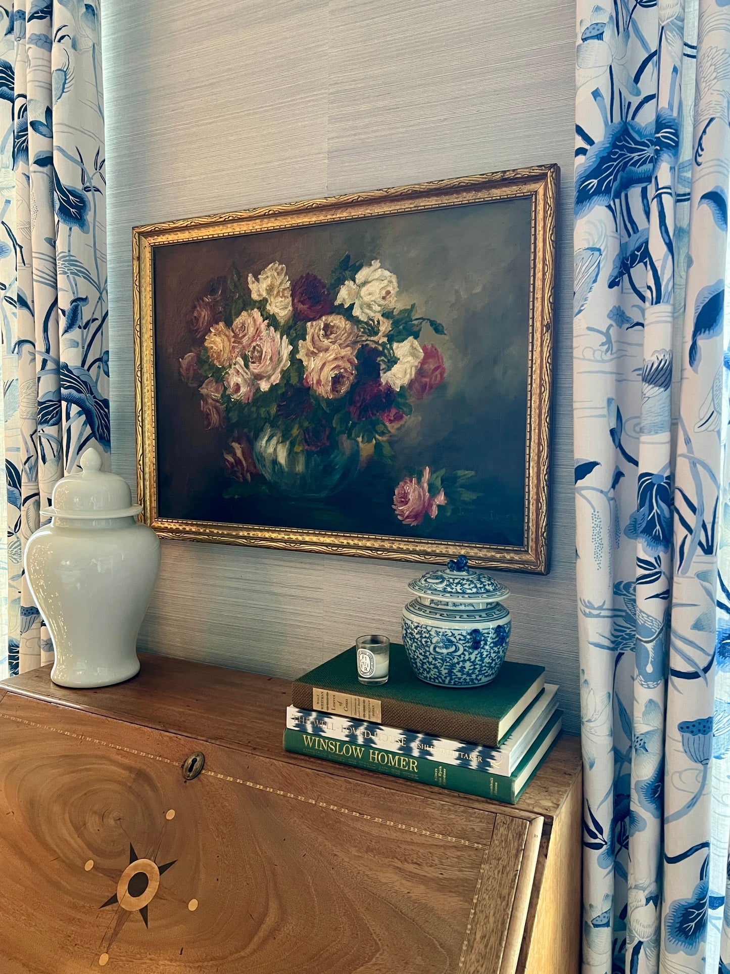 Vintage Roses in Blue Vase Floral Still Life Oil Painting on Canvas in Gold Frame