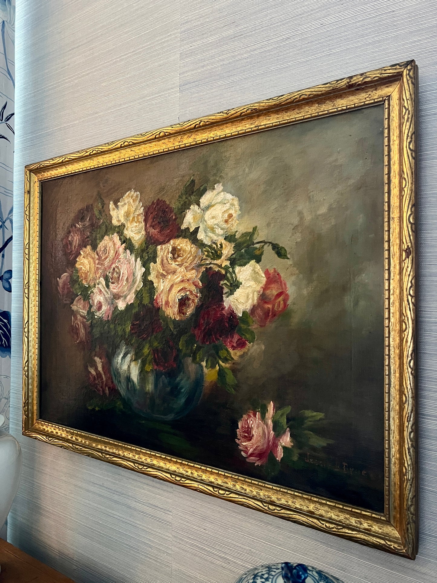 Vintage Roses in Blue Vase Floral Still Life Oil Painting on Canvas in Gold Frame