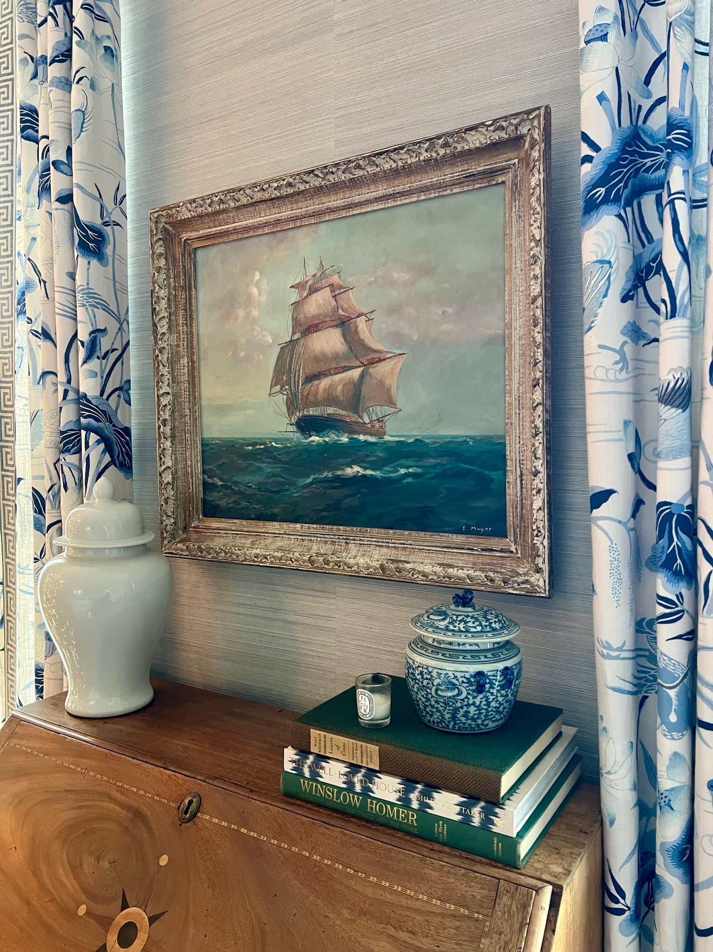 Vintage Clipper Ship Portrait Oil Painting in Ornate Gilded Wood Frame