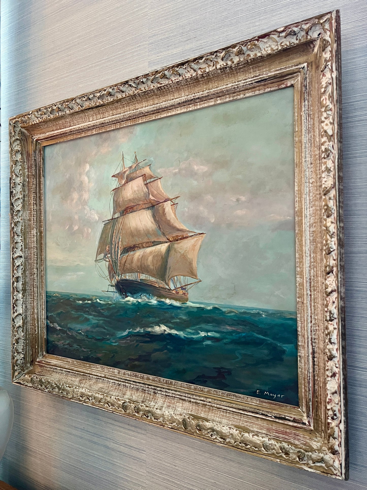 Vintage Clipper Ship Portrait Oil Painting in Ornate Gilded Wood Frame